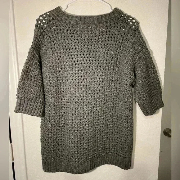 Lafayette 148 Gray Heavy Cotton Open Knit Chunky Short Sleeve V Neck Sweater - Picture 6 of 7